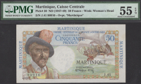 Caisse Centrale de la France d’Outre-Mer, Martinique, 50 Francs, ND (1947-49), serial number J.41 90910,...