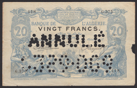 Banque de l’Algerie, 20 Francs, (March or May) 1903, serial number G.375 418, Gantes and Rouzaud signatures,...