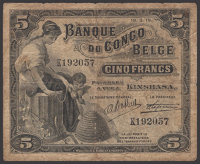 Banque du Congo Belge, 5 Francs, Kinshasa, 19 March 1919, serial number K192057, a presentable about fine, a scarce...