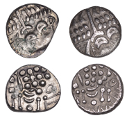 British Iron Age, DUROTRIGES, Uninscribed issues, silver Staters (2), Cranborne Chase type, devolved head of Apollo...
