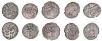 British Iron Age, DUROTRIGES, Uninscribed issues, billon Staters (5), Cranborne Chase type, devolved head of Apollo...