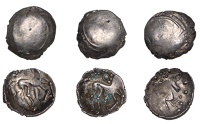 British Iron Age, ICENI, Uninscribed issues, silver Units (3), Punk Head type, male head right, herringbone hair,...