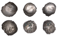 British Iron Age, ICENI, Uninscribed issues, silver Units (3), Punk Head type, male head right, herringbone hair,...