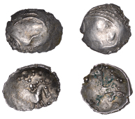 British Iron Age, ICENI, Uninscribed issues, silver Units (2), Punk Head type, male head right, herringbone hair,...