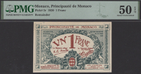 Principaute de Monaco, remainder 1 Franc, 20 March 1920, series D, in PMG holder 50 EPQ, about uncirculated
BNB...