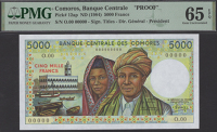 Banque Centrale des Comores, proof 5000 Francs, ND (1986), serial number O.00 00000, in PMG holder 65 EPQ, gem...