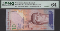 Banco Central de Venezuela, 10 Bolivares, 3 February 2011, serial number P333333, in PMG holder 64, choice...
