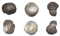 British Iron Age, ICENI, Uninscribed issues, silver Unit, Mossop Proto Head type, male head left with jutting jaw,...