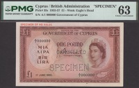 Government of Cyprus, specimen £1, 1 June 1955, serial number A/1 000000, Mahony signature, red SPECIMEN OF NO...