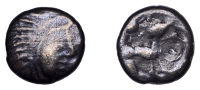 British Iron Age, BELGAE, Uninscribed issues, silver Unit, Old Basing type, moon head right, loop between face and...