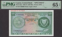 Central Bank of Cyprus, specimen 500 Mils, 1 December 1964, serial number B/7 000000, Gavrielides signature, red...