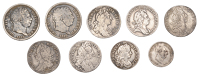 Charles II to William IV, miscellaneous milled silver coins (9), Shillings to Threepences [lot]. Fair to very fine 	...