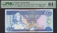 Central Bank of Cyprus, £20, 1 February 1992, serial number A000070, Afxentiou signature, error text variety, in...