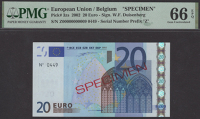 European Central Bank, specimen 20 Euros, Belgium, 2002, serial number Z00000000009, specimen number 0449,...