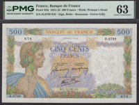 Banque de France, 500 Francs, 1 October 1942, serial number H.6799 876, in PMG holder 63, choice uncirculated
BNB...