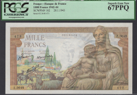 Banque de France, 1000 Francs, 28 January 1943, serial number Z.3648 473, Belin, Rousseau, and Favre-Gilly...