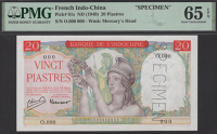 Banque de l’Indochine, French Indochina, specimen 20 Piastres, ND (1949), serial number O.000 000, Minost and...