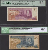 Nederlands Nieuw-Guinea, 2 1/2 Gulden, 8 December 1954, serial number EJ013319, and 5 Gulden, 8 December 1954,...