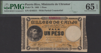 Ministerio de Ultramar, Puerto Rico, 1 Peso, 17 August 1895, serial number 4546551, with partial counterfoil, in PMG...