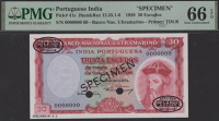 Banco Nacional Ultramarino, Portuguese India, specimen 30 Escudos, 2 January 1959, serial number 0000000, specimen...
