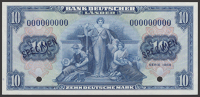Bank Deutscher Lander, specimen 10 Deutsche Mark, 1949, serial number 000000000, two blue SPECIMEN overprints, two...