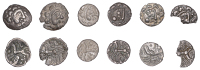 British Iron Age, DOBUNNI, Uninscribed issues, silver Units (6), Cotswold Cock type [Head Type A], moon head right,...