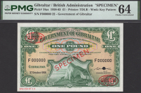 Government of Gibraltar, specimen £1, 3 October 1958, serial number F000000, specimen number 22, Gomez signature,...