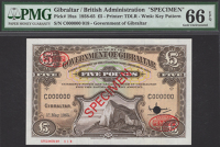 Government of Gibraltar, specimen £5, 1 May 1965, serial number C000000, specimen number 018, Davis signature, red...