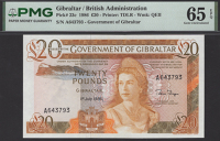 Government of Gibraltar, £20, 1 July 1986, serial number A643793, Traynor signature, in PMG holder 65 EPQ, gem...