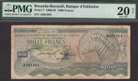 Banque d’Emission du Rwanda et du Burundi, 1000 Francs, 15 September 1960, serial number A061364, rust, stained,...