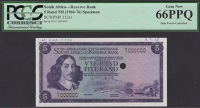 South African Reserve Bank, specimen 5 Rand, ND (1966-76), serial number F/1 000000, Rissik signature, printer’s...