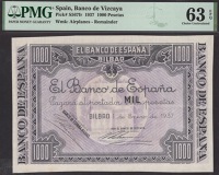 Banco de Espana, Bilbao, remainder 1000 Pesetas, 1 January 1937, no serial number, in PMG holder 63 EPQ, choice...