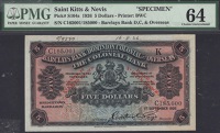 Barclays Bank (Dominion, Colonial and Overseas), Saint Kitts branch, printer’s archival specimen $5, 1 September...