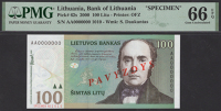 Lietuvos Bankas, specimen 100 Litu, 2000, serial number AA0000000, specimen number 1010, red PAVYZDYS and SPECIMEN...
