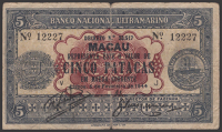 Banco Nacional Ultramarino, Macau, 5 Patacas, 5 February 1944, serial number 12227, central hole, very minor splits...