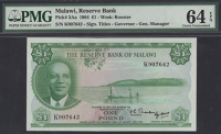 Reserve Bank of Malawi, £1, 1964, serial number K907642, Thomson and Holt signatures, in PMG holder 64 EPQ, choice...
