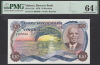 Reserve Bank of Malawi, 10 Kwacha, 30 June 1979, serial number D/D 805006, Tembo signature, in PMG holder 64 EPQ,...
