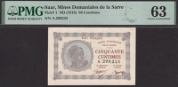 Mines Domaniales de la Sarre, 50 Centimes, ND (1919), serial number A.298243, previously mounted, in PMG holder 63,...