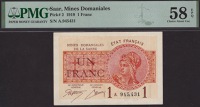 Mines Domaniales de la Sarre, 1 Franc, 1919, serial number A.945431, in PMG holder 58 EPQ, choice about...