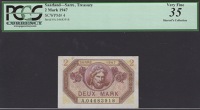 Saar Treasury, 2 Mark, 1947, serial number A.04683918, minor rust stains, in PCGS holder 35, very fine, scarce
BNB...