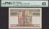 Saar Treasury, 50 Mark, 1947, serial number U.2 00509, in PMG holder 45, choice extremely fine, quite rare
BNB...