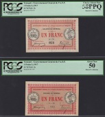 Gouvernement General de l’Afrique O.F., 1 Franc (2), 11 February 1917, serial number 014, 345, in PCGS holders 58...