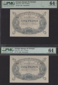Banque du Senegal, remainder 5 Francs (2), 1874, consecutive serial numbers W.1 631-2, in PMG holders 64 EPQ and 64,...