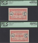 Gouvernement General de l’Afrique O.F., 1 Franc (2), 11 February 1917, consecutive serial numbers P-68 170-1, in...