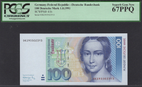 Deutsche Bundesbank, 100 Mark, 1 August 1991, serial number DK2955023Y3, in PCGS holder 67PPQ, superb gem...