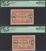 Gouvernement General de l’Afrique O.F., 1 Franc (2), 11 February 1917, consecutive serial numbers K-54 115-6, in...