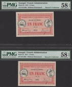Gouvernement General de l’Afrique O.F., 1 Franc (2), 11 February 1917, consecutive serial numbers R-8 903-4,...