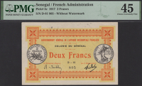 Gouvernement General de l’Afrique O.F., 2 Francs, 11 February 1917, serial number D-81 805, without watermark,...