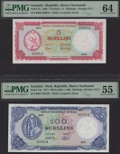 Banca Nazionale Somala, 5 Scellini, 1966, serial number B 004 638614, also 100 Scellini, 1971, serial number B001...