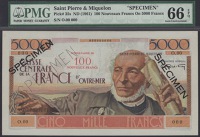 Caisse Centrale de la France d’Outre-Mer, Saint Pierre & Miquelon, specimen 100 Nouveaux France on 5000 Francs, ND...